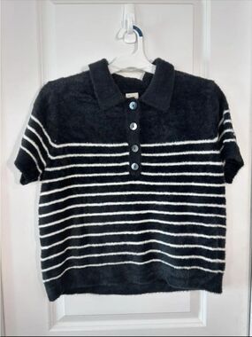 A new Day Black & White Striped Fuzzy Sweater
